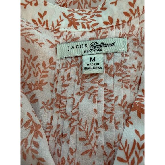 Jachs Girlfriend NY White Brown Floral Blouse Split Neck Pintuck Hem Size M EUC - Picture 8 of 8